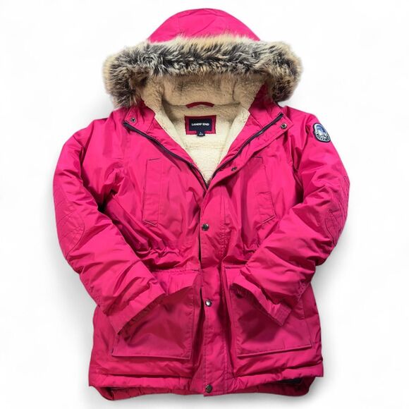 Lands’ End Heavy Winter Parka Women L Pink Faux Fur Hood Sherpa Lined Jacket - Picture 1 of 6